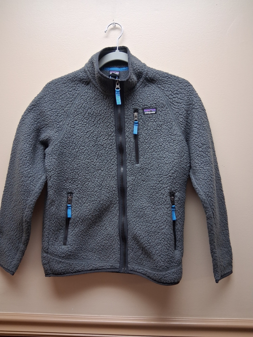 Patagonia Kids Retro Pile Fleece Jacket Gray Blue Zipper Pulls Size XL (14)